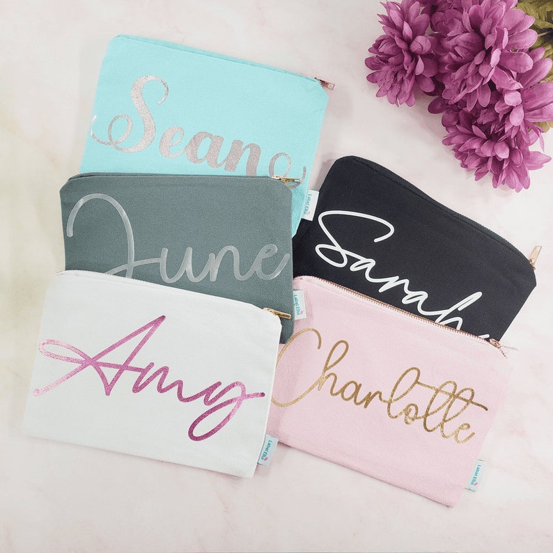 Custom, Personalized, Cotton Canvas Make-Up Cosmetic Toiletry Zippered Travel Pouch Bag Handbag Clutch Bag  Foil and Glitter Color Font with Lining. Gift for Teacher, Parents, Mother, Friends US Canada