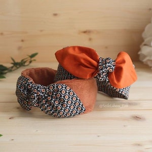 Hairband for women - girls, 100% cotton and velvet - winter and autumn hairband in brown, orange, brick color