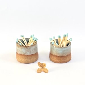 Small Handthrown Toasted Stoneware Match Pot with Strike Paper and Pale Blue Glaze