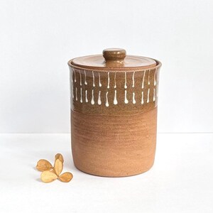 May include: A brown ceramic canister with a lid, featuring a white drip design around the top. The canister has a textured, slightly rough surface.