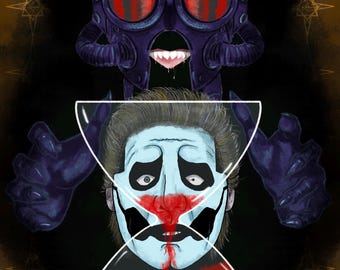Pode incluir: Impressão de arte digital com um rosto estilizado dentro de uma ampulheta, com o texto "TIME'S ALMOST UP" em vermelho. Uma criatura roxa com olhos vermelhos e chifres paira acima. Tema sombrio e gótico.