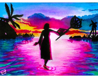 May include: A silhouette of a person standing in a body of water, holding a large flower. The background is a vibrant sunset with palm trees and mountains.