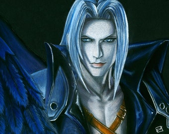 May include: A digital drawing of a man with long, silver hair. He is wearing a dark blue jacket with a leather strap across his chest. He has a serious expression on his face and his eyes are a piercing blue.