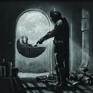 Bounty Hunter incontra il bambino Stampa a carboncino