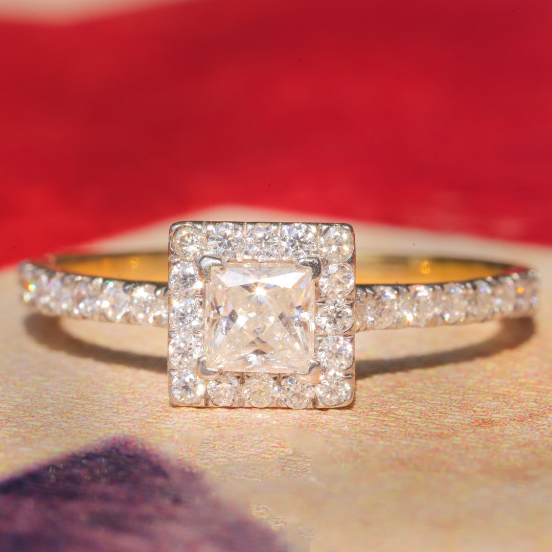 Princess Cut Engagement Ring, Princess Halo Ring, Small Ring, Promise