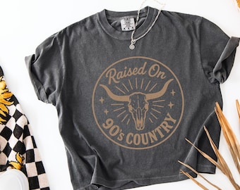 Raised on 90's Country, Country Music, Western, Country, Comfort Colors, Cropped Boxy Tee, Front and Back