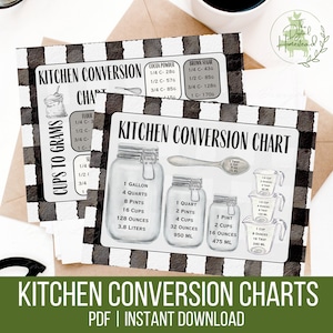 May include: Two printable kitchen conversion charts with black and white checkered backgrounds. The charts feature handwritten text and watercolour illustrations of measuring cups, spoons, and jars. The first chart lists conversions for flour, cocoa powder, and brown sugar in cups and grams. The second chart lists conversions for gallons, quarts, pints, cups, ounces, and millilitres.