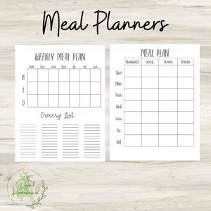 May include: Two printable meal planner templates. The first template is a weekly meal planner with a grocery list. The second template is a daily meal planner with columns for breakfast, lunch, dinner, and snacks.