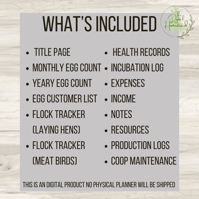 May include: A list of what's included in a digital chicken coop planner. The list includes items like a title page, monthly egg count, yearly egg count, egg customer list, flock tracker, health records, incubation log, expenses, income, notes, resources, production logs, and coop maintenance.