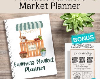 May include: A spiral-bound Farmers Market Planner with a watercolor illustration of a market stall. The cover reads "Farmers Market Planner" and includes the text "12 PAGES | INSTANT DOWNLOAD PDF". A bonus payment template is also included.