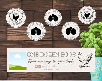 May include: A set of printable labels for egg cartons. The labels feature a variety of designs, including a chicken, eggs, and text that says "Farm Fresh" and "Coop to Table".