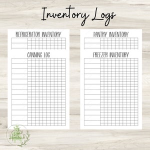 May include: Printable inventory log pages for refrigerator, pantry, freezer, and canning. The pages are black and white with a grid layout. The title "Inventory Logs" is at the top of the page.