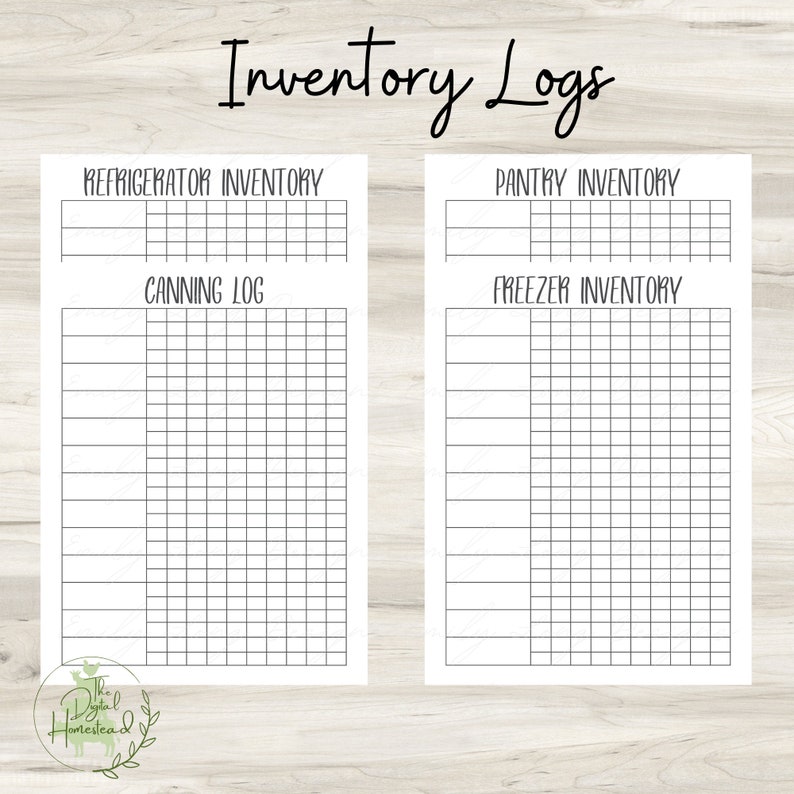 May include: Printable inventory log pages for refrigerator, pantry, freezer, and canning. The pages are black and white with a grid layout. The title "Inventory Logs" is at the top of the page.