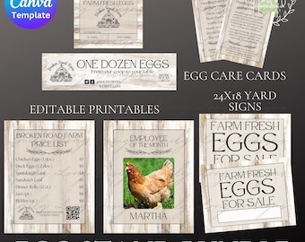 May include: An egg stand bundle with editable labels, printables, and signs. The labels read "Farm Fresh Eggs" and "One Dozen Eggs." The printables include a price list and an "Employee of the Month" sign featuring a chicken named Martha.