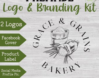 May include: A premade logo and branding kit for a bakery called "Grace & Grains Bakery". The logo features a black and white illustration of a sack of flour, wheat stalks, and the bakery name in a circle.