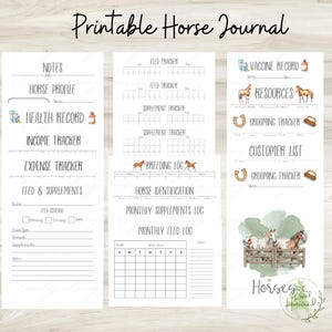 Op de afbeelding: Een afdrukbaar paardenjournaal met verschillende secties, waaronder een paardenprofiel, gezondheidsrecord en voer tracker. Het journaal bevat illustraties van paarden, hoefijzers en verzorgingsgereedschap. De titel is geschreven in een decoratief lettertype.