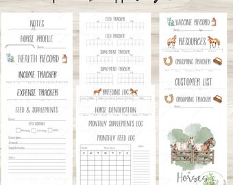 May include: A printable horse journal with various sections including a horse profile, health record, and feed tracker. The journal features illustrations of horses, horseshoes, and grooming tools. The title "Printable Horse Journal" is written in a decorative font.