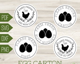 May include: Four round, white printable stickers with black text and graphics. The stickers say "Farm Fresh Eggs Laid With Love", "Farm Fresh Butt Nuggets", "Please Wash First", and "Please Return Carton".