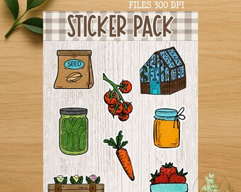 May include: A sticker pack featuring eight designs of garden-themed illustrations. The stickers include a seed packet, tomatoes, a greenhouse, pickles, a carrot, honey, strawberries, and a wooden crate. The text "STICKER PACK" is at the top.