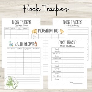 May include: Printable chicken flock tracker log sheets with sections for laying hens, meat chickens, and an incubation log. The sheets feature a watercolor illustration of baby chicks.