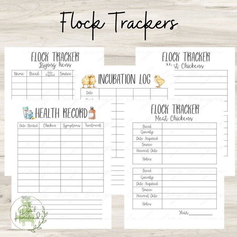 May include: Printable chicken flock tracker log sheets with sections for laying hens, meat chickens, and an incubation log. The sheets feature a watercolor illustration of baby chicks.