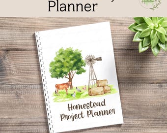May include: A spiral-bound planner titled "Homestead Project Planner" with a watercolor illustration of a farm scene. The cover art features a cow, chickens, a windmill, and hay bales. The text "10 Pages | Instant Download PDF" is at the bottom.