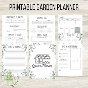 May include: Printable garden planner with a green watercolor background. The planner includes sections for companion planting, plant profiles, monthly to-do lists, garden journal, seasonal tasks, garden layout, garden goals, a calendar, and an end-of-year review.
