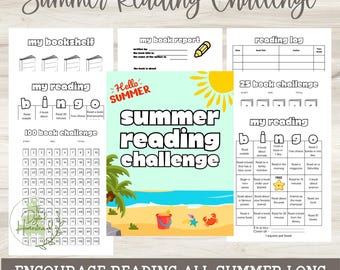 May include: A printable summer reading challenge with various templates, including a bookshelf, book report, reading log, and bingo game. The design features a beach scene with the text "Summer Reading Challenge."