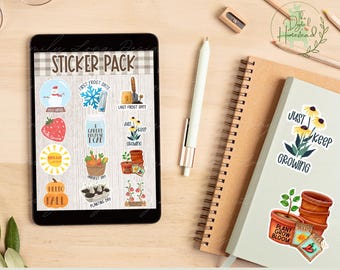 May include: A digital garden planner sticker pack displayed on a tablet, featuring various gardening-themed stickers. The stickers include images of a snowman, snowflake, strawberry, carrots, and potted plants. The text "DIGITAL GARDEN PLANNER STICKERS" and "12 HIGH QUALITY PNG FILES" are visible.