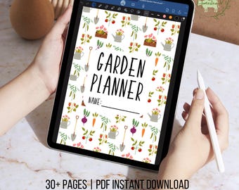 May include: A digital garden planner displayed on a tablet. The planner features a colorful design with gardening tools, vegetables, and flowers. The text "GARDEN PLANNER" is prominently displayed, along with the words "NAME:" and "DIGITAL STUDENT GARDEN PLANNER".