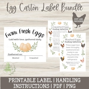Etiquetas para cartones de huevos e instrucciones para su manipulación imprimibles Etiquetas para el negocio de los huevos Etiquetas para el cuidado de los huevos sin lavar Gallinas de traspatio