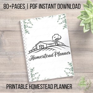 May include: A spiral-bound planner with a white cover featuring a black and white illustration of a barn, rolling hills, and a tree. The words "Homestead Planner" are written in script. The top reads "80+ PAGES | PDF INSTANT DOWNLOAD" and the bottom reads "PRINTABLE HOMESTEAD PLANNER".