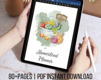 May include: A digital planner with a watercolor illustration of a basket of fresh produce, including tomatoes, peppers, grapes, and corn. The text "Garden" is on a sign above the basket. The text "Homestead Planner" is below the basket. The text "80+ PAGES | PDF INSTANT DOWNLOAD DIGITAL HOMESTEAD PLANNER" is at the bottom of the image.