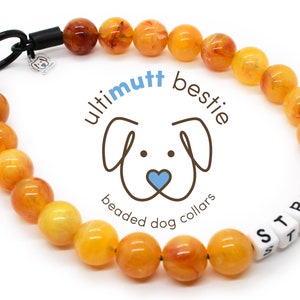 Apricot Jam dog beaded collar with name, citrine marble pearl necklace for canine, durable summery waterproof slip on dog bead collar