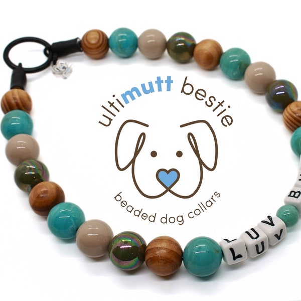 FALLING SKY beaded dog collar with name, turquoise and wood dog pearl necklace, durable boho style water resistant and easy to clean