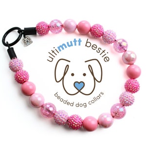 Pink Princess bead dog collar with pet's name, shades of pink glam pearl dog necklace, fancy dog collar, waterproof durable slip on.