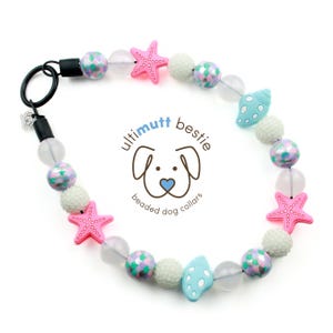 Seashell Mermaid Bead Dog Collar with name, glow in the dark cute dog pearl necklace, bright durable water resistant slip on dog bead collar
