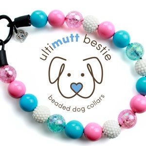 Bubblegum Disco bead dog collar, pink and blue, colorful unisex pearl dog necklace, glam dog collar, waterproof durable slip on,