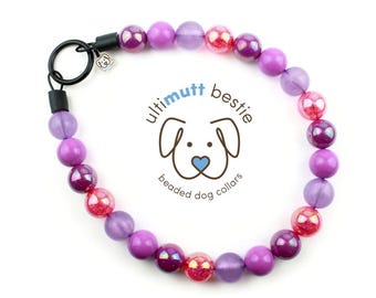 Amethyst Aura Beaded Dog Collar: Personalized Pink & Purple Pearl Necklace for Pup