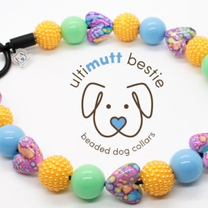 Tie Dye Love bead dog collar with name, splatter paint hearts, spring pearl dog necklace, custom, bright, unique, durable slip on style