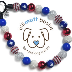Sweet Liberty Beaded Dog Collar, Stars & Stripes, Handmade Patriotic Pet Necklace, Personalized Slip On