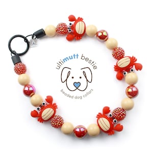Crabby Coast Bead Dog Collar with name, tan and red cute dog pearl necklace, bright durable water resistant slip on dog collar