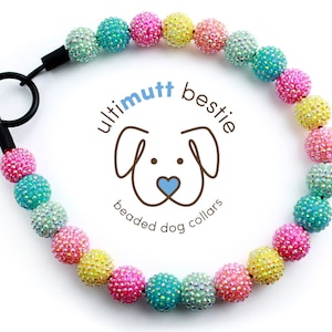 Candy Land Glam Beaded Dog Collar, fancy pastel rainbow dog pearl necklace personalize with pet's name, lightweight, glitzy dog bead collar