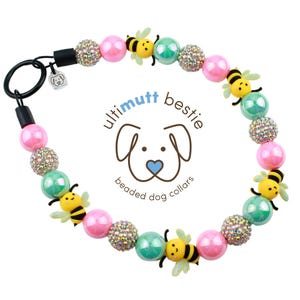 Wildflower Buzz dog beaded collar, silicone bees, pastel pearl dog necklace, personalized dog collar, slip on