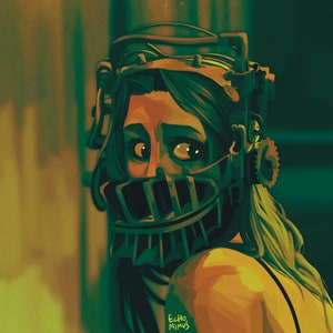 May include: A woman with long blonde hair wears a metal cage mask with a dark green background. The mask has a metal grill over the mouth and nose. The woman's eyes are visible through the mask.