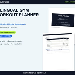 Puede incluir: Un planificador de entrenamiento de gimnasio bilingüe de Forma Fitness con una guía de 47 páginas, 42 guías de ejercicios, calentamiento, movilidad y un constructor de cinco comidas. El documento digital incluye una rutina Push, Pull, Legs.