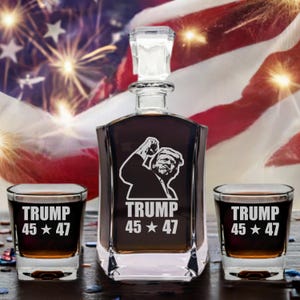 Donald Trump “TRUMP 45 / 47” FIGHT - Engraved Decanter Set – MAGA Gift for Trump Supporters & Collectors – Hexagonal Base Glassware Only