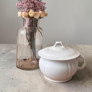 May include: A clear glass vase holds dried pink flowers and branches. Beside it, a white ceramic pot with a lid and handle sits on a textured surface. The pot has a decorative floral design.