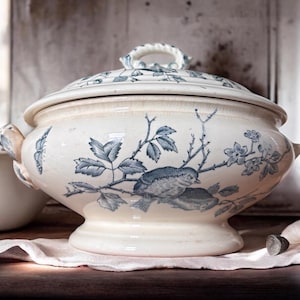 French Terre De Fer Bird Pattern Soupiere or Turneen: Blue Transferware Kitchenalia
