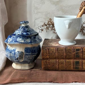 May include: A blue and white ceramic jar with a lid featuring a landscape design, a white ceramic cup, and a wooden tool with a decorative end. The items are arranged on top of two antique books with gold lettering.